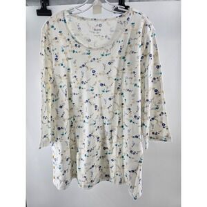 Blair Womens 2XL Floral Scoop Neck 3/4 Sleeve Top White Blue Teal Button Detail